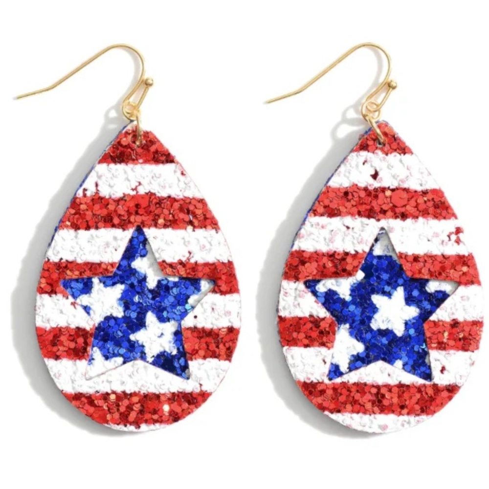 STAR CUTOUT GLITTER PATRIOTIC TEARDROP EARRINGS